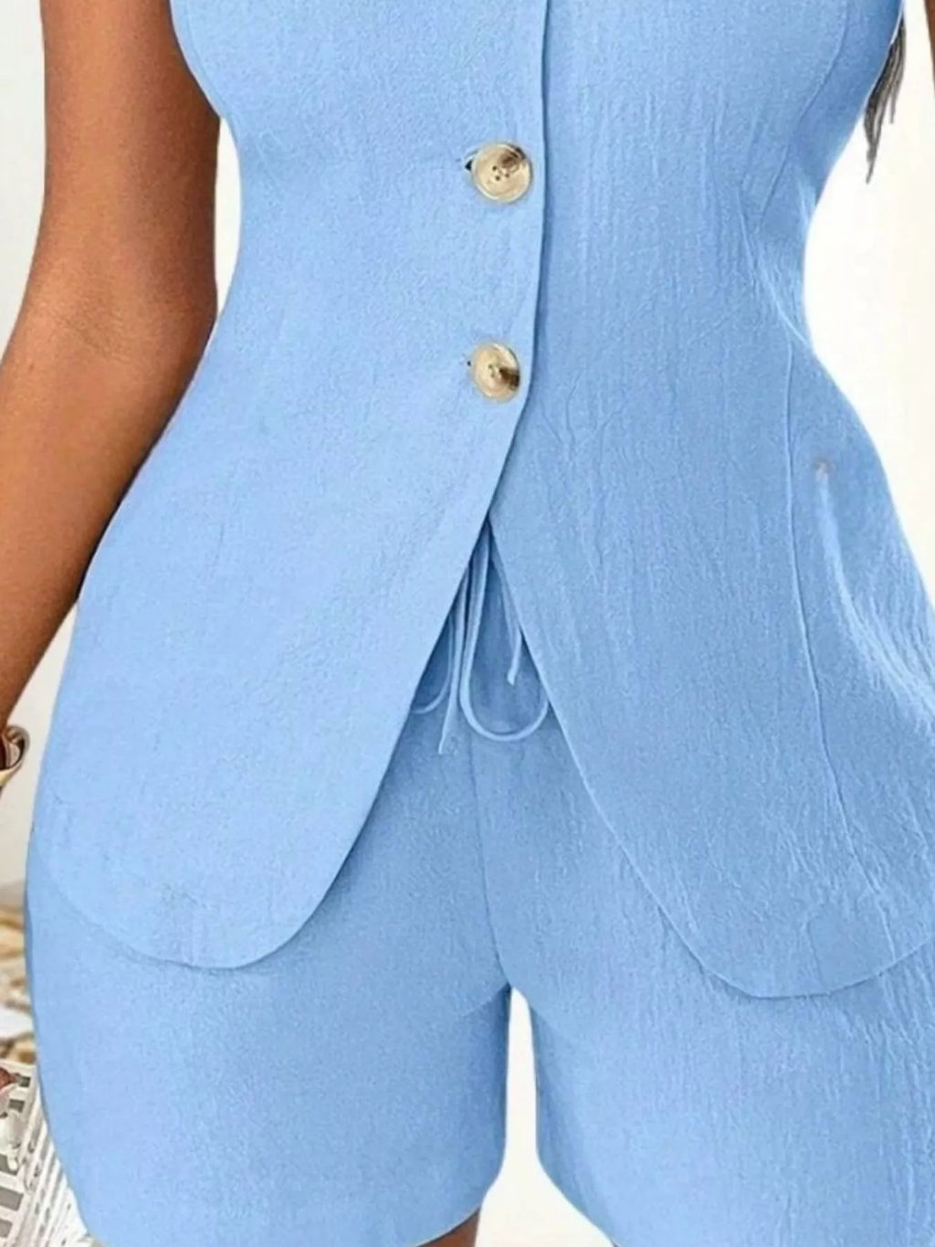 Sleeveless Button-Down Vest & Shorts Set - Godess beauty  #