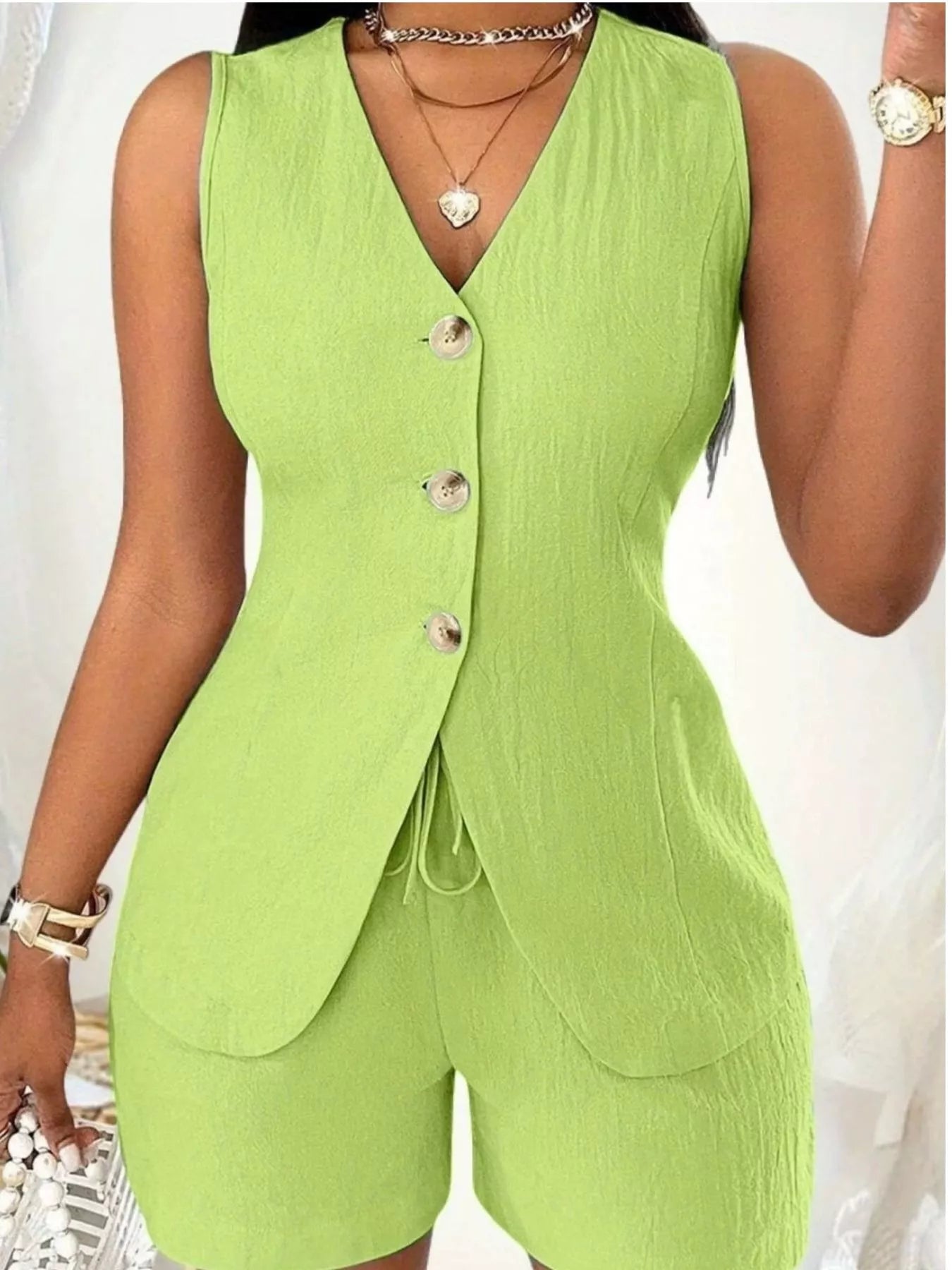Sleeveless Button-Down Vest & Shorts Set - Godess beauty  #