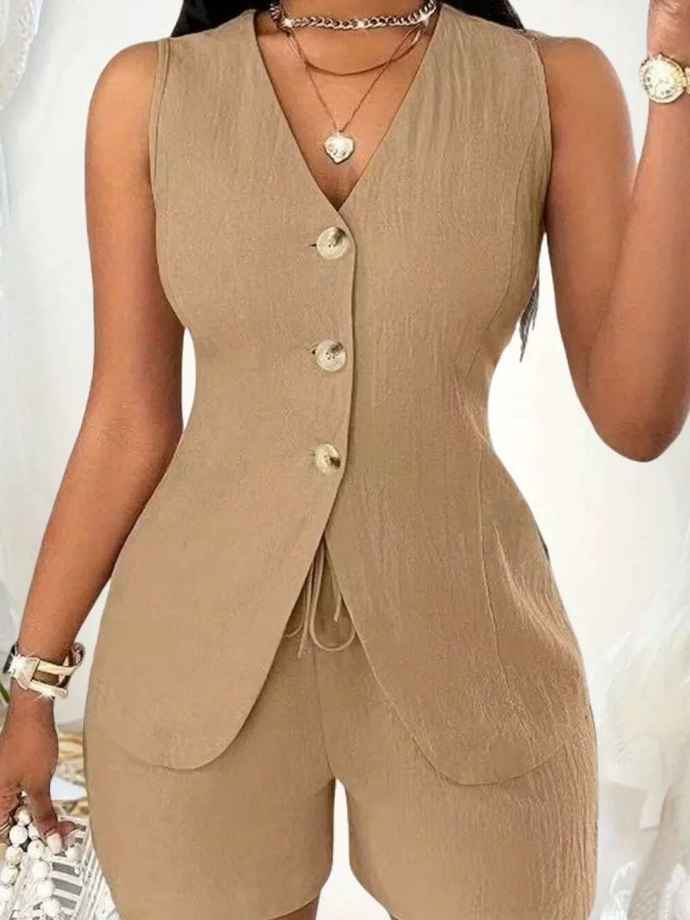 Sleeveless Button-Down Vest & Shorts Set - Godess beauty  #