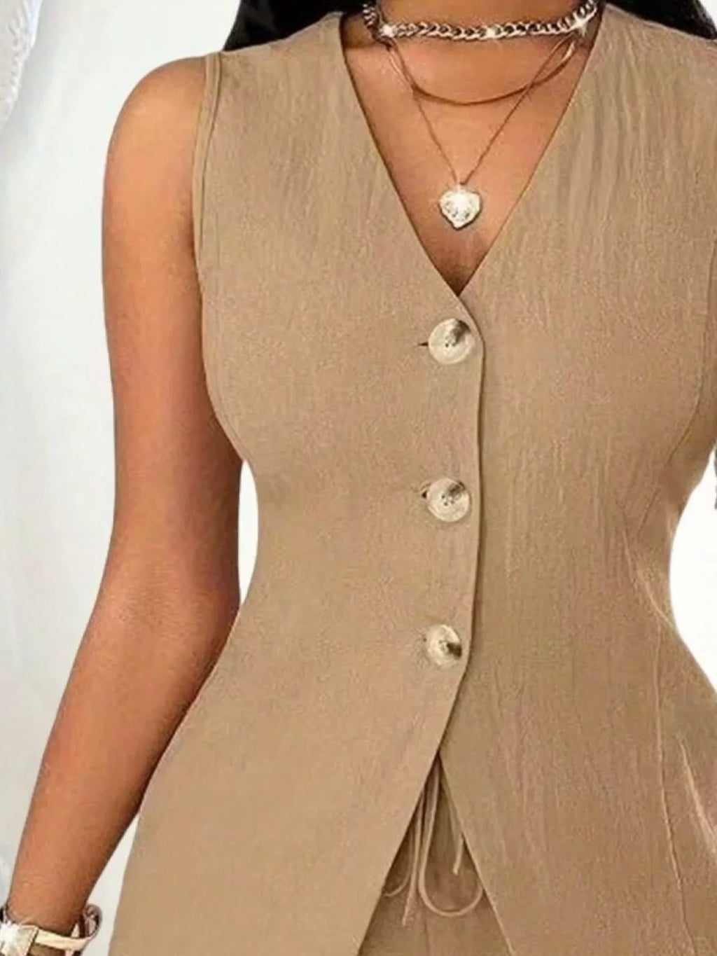 Sleeveless Button-Down Vest & Shorts Set - Godess beauty  #