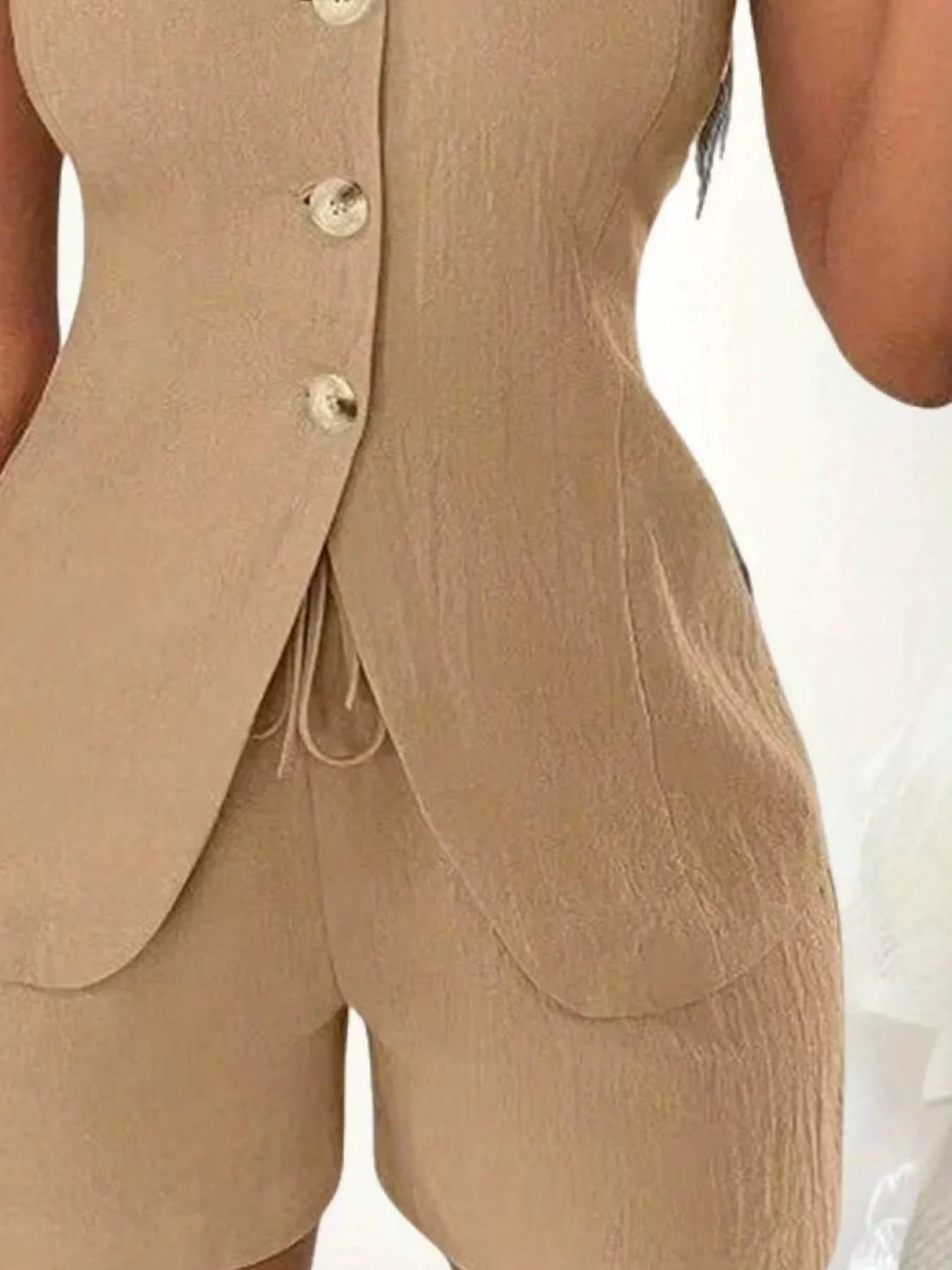 Sleeveless Button-Down Vest & Shorts Set - Godess beauty  #