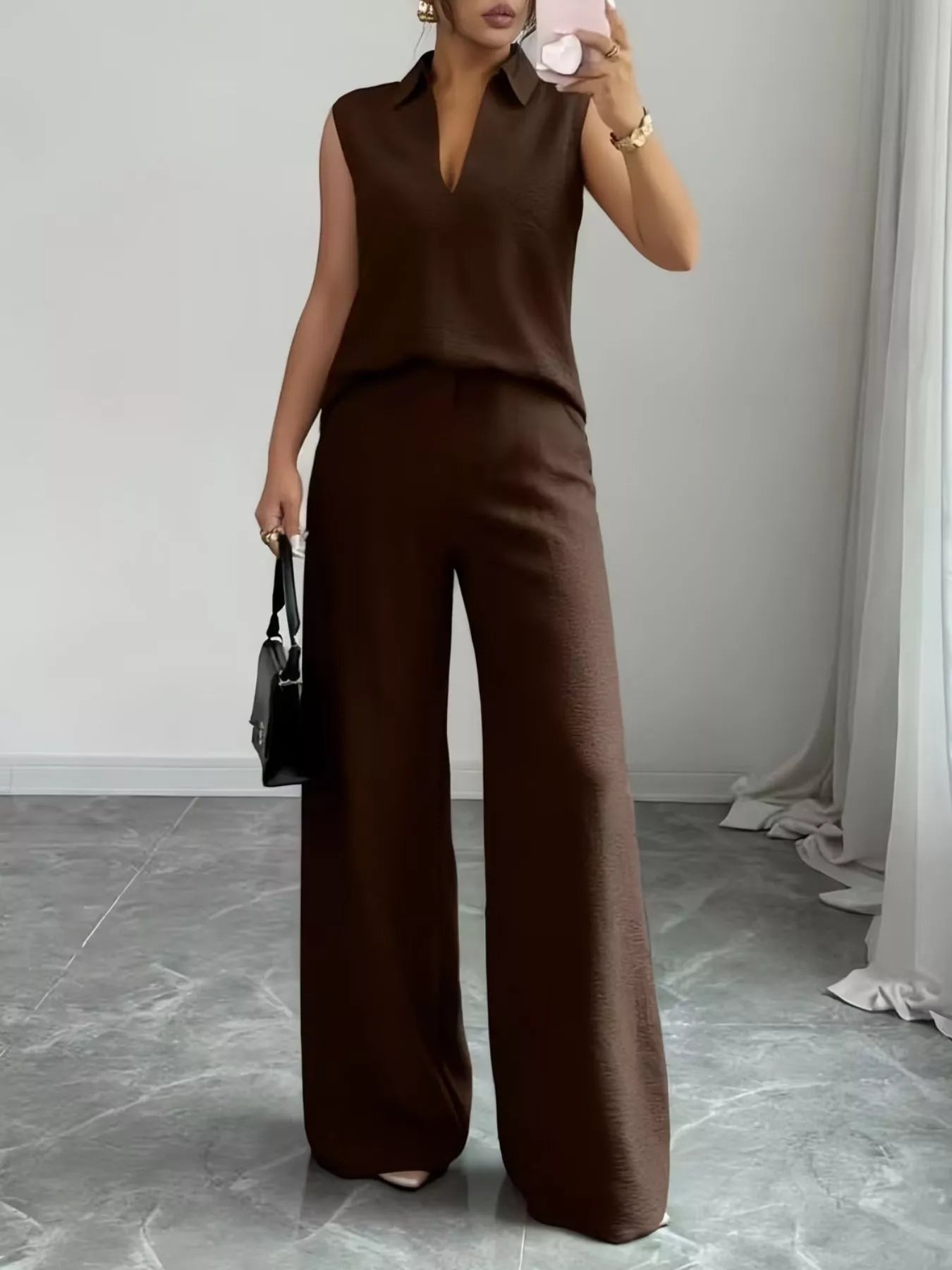 Sleeveless Top and Wide Leg Pants Set - Godess beauty  #
