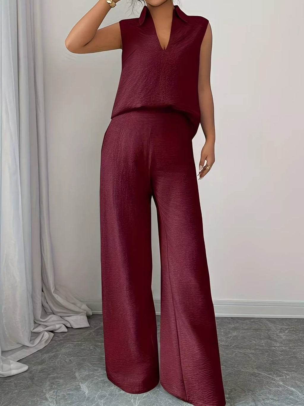 Sleeveless Top and Wide Leg Pants Set - Godess beauty  #