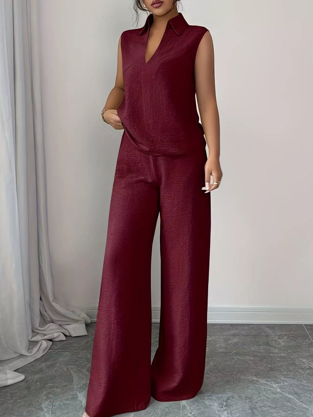 Sleeveless Top and Wide Leg Pants Set - Godess beauty  #