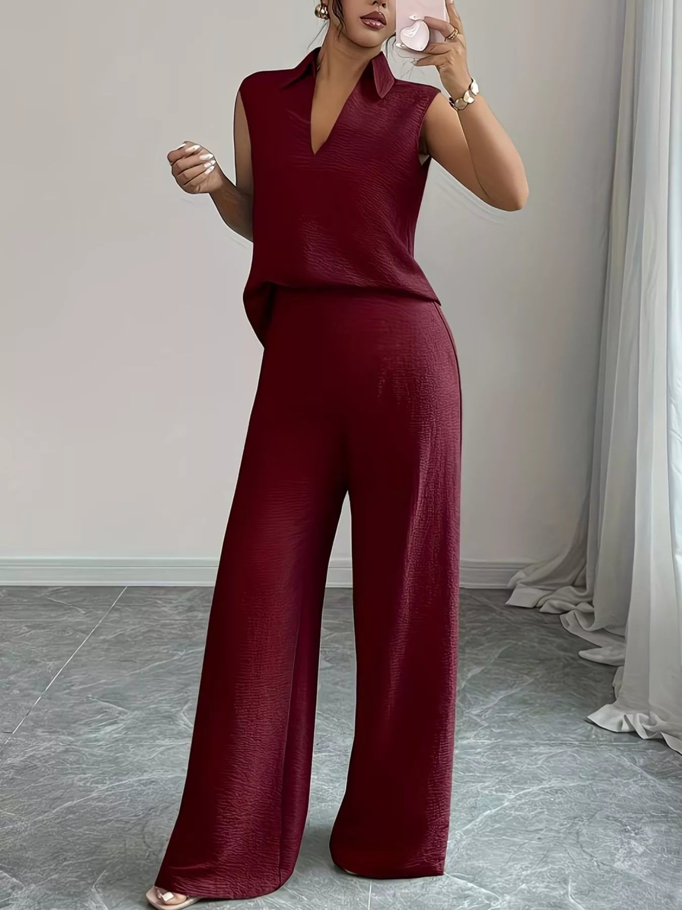 Sleeveless Top and Wide Leg Pants Set - Godess beauty  #