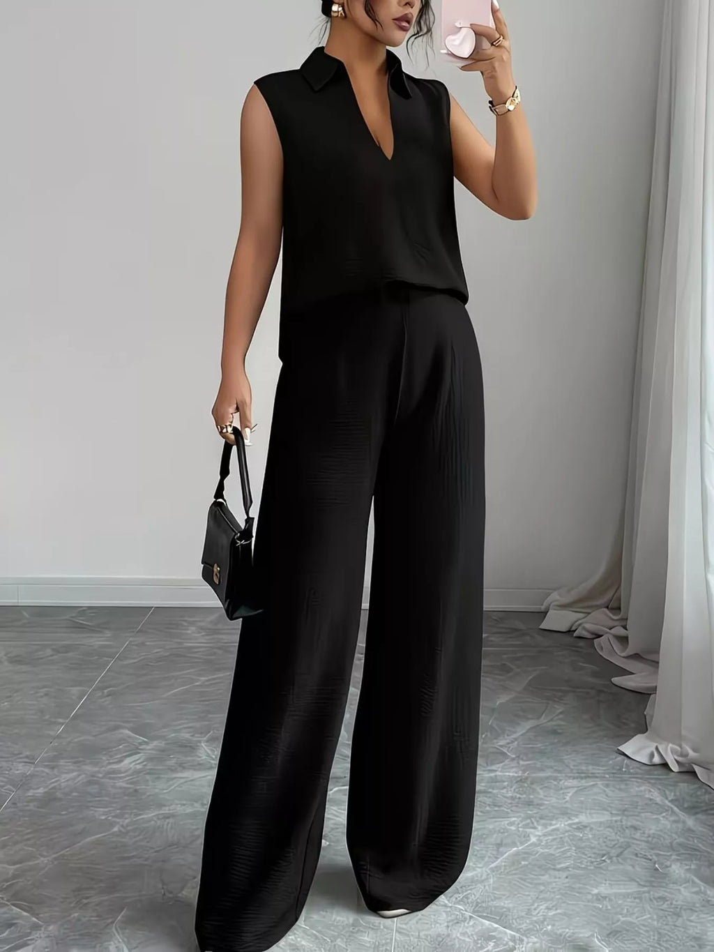 Sleeveless Top and Wide Leg Pants Set - Godess beauty  #