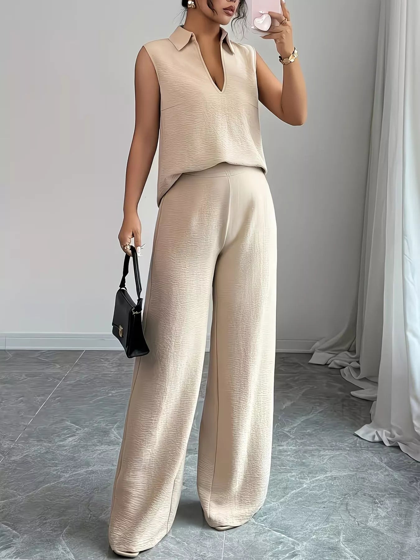 Sleeveless Top and Wide Leg Pants Set - Godess beauty  #