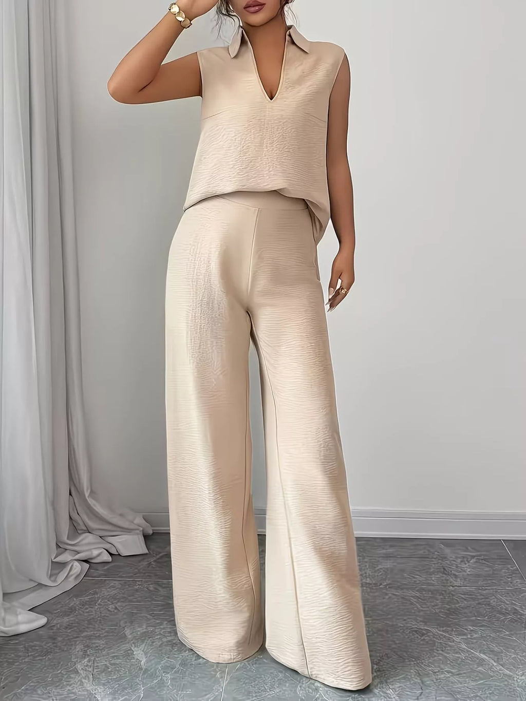 Sleeveless Top and Wide Leg Pants Set - Godess beauty  #