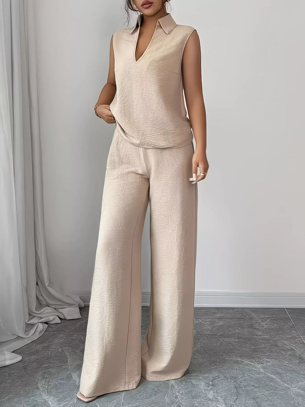 Sleeveless Top and Wide Leg Pants Set - Godess beauty  #