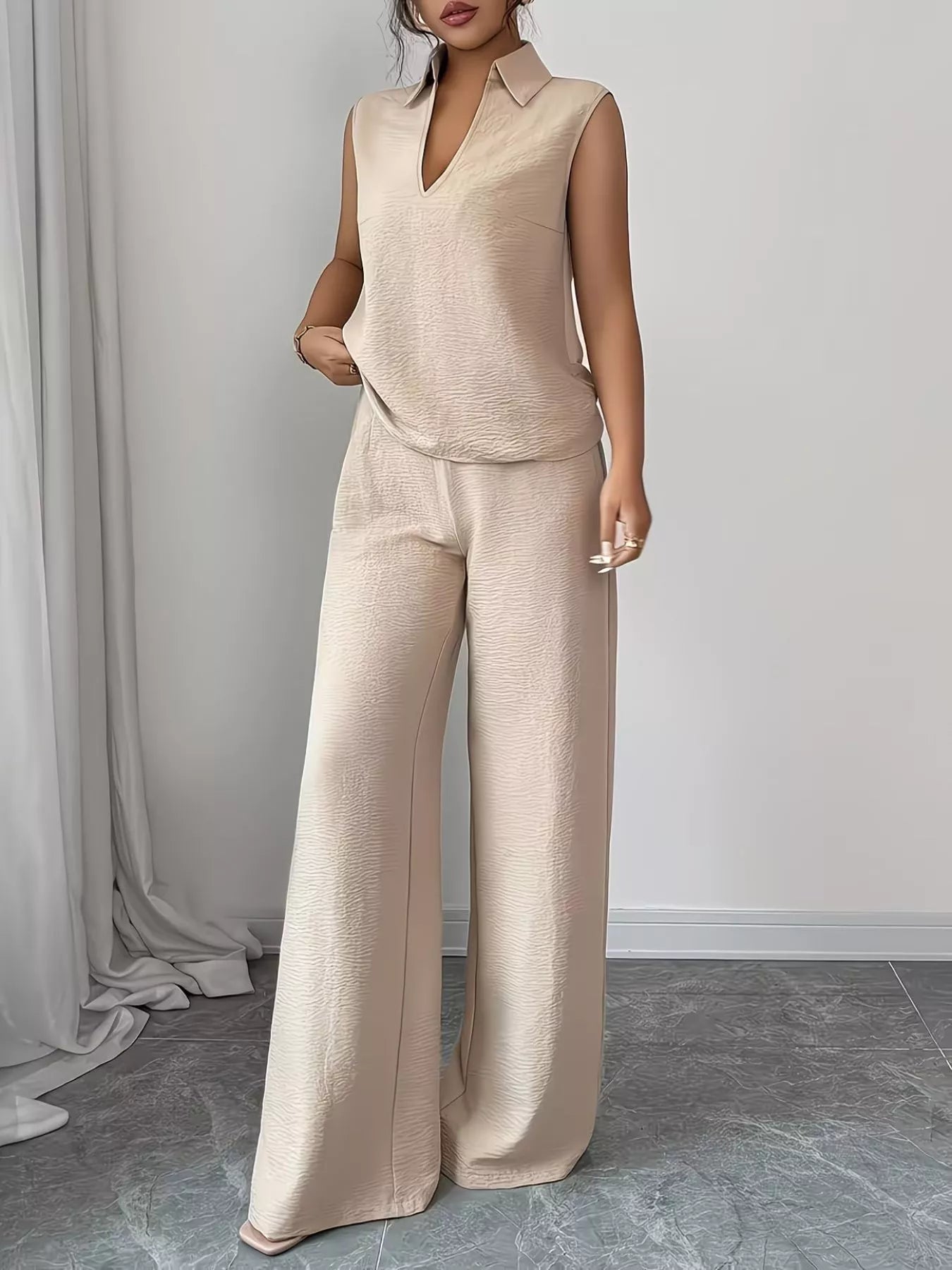 Sleeveless Top and Wide Leg Pants Set - Godess beauty  #