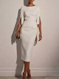 Slim-Fit Elegant Midi Dress with Beaded Slit Sleeve - Godess beauty  #