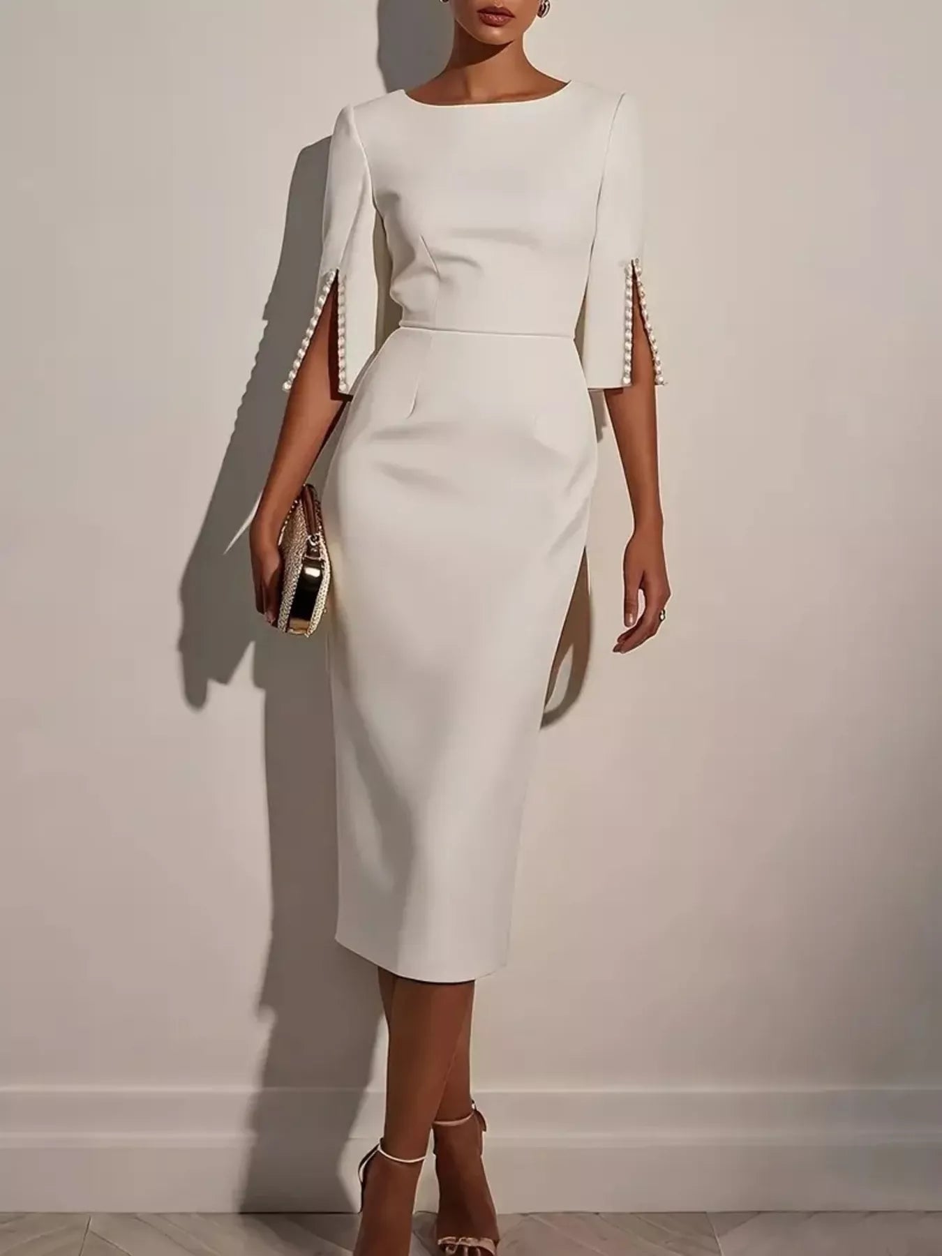 Slim-Fit Elegant Midi Dress with Beaded Slit Sleeve - Godess beauty  #