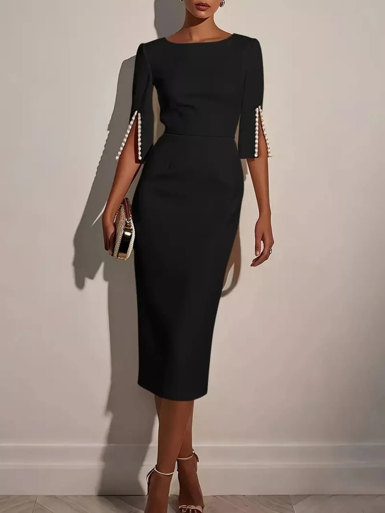Slim-Fit Elegant Midi Dress with Beaded Slit Sleeve - Godess beauty  #