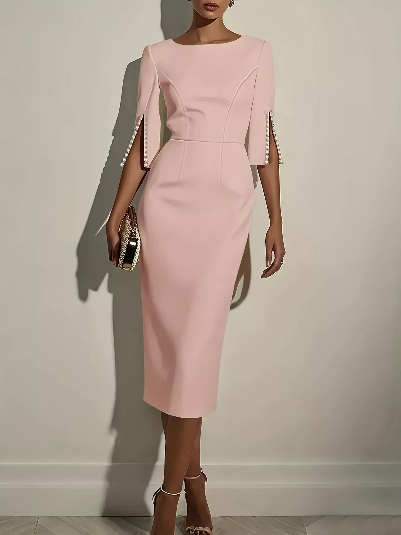 Slim-Fit Elegant Midi Dress with Beaded Slit Sleeve - Godess beauty  #