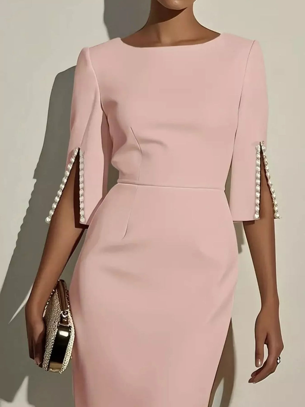 Slim-Fit Elegant Midi Dress with Beaded Slit Sleeve - Godess beauty  #