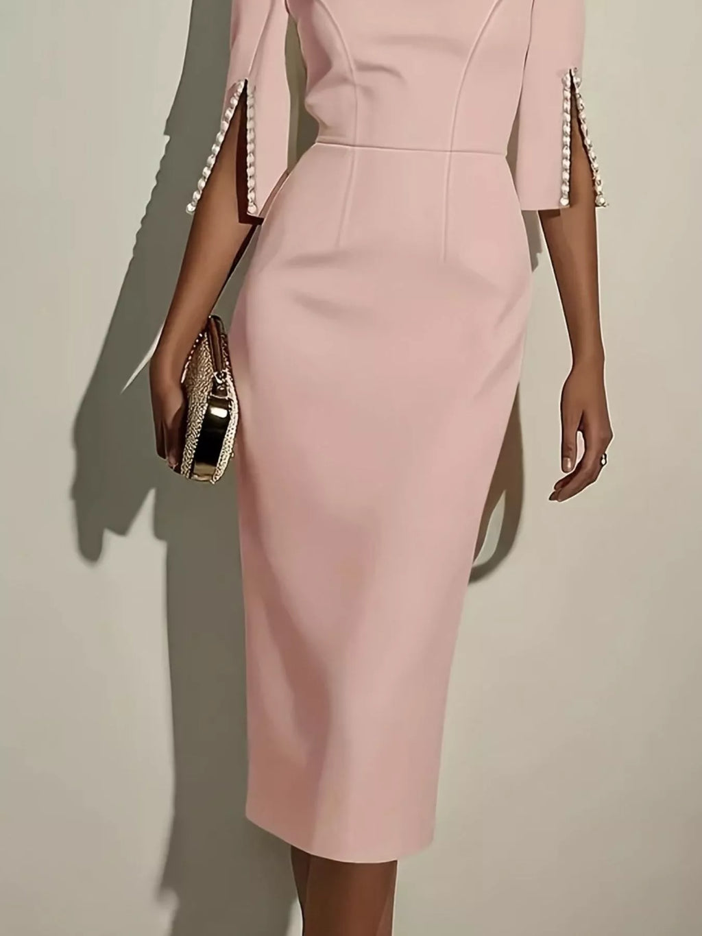 Slim-Fit Elegant Midi Dress with Beaded Slit Sleeve - Godess beauty  #