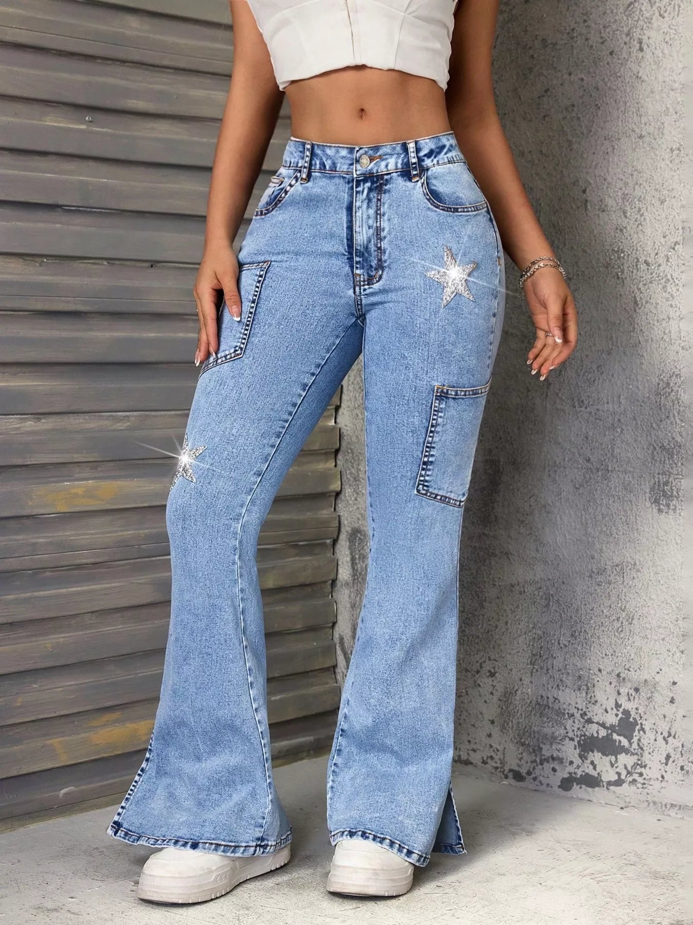 Slit Star Flare Leg Jeans - Godess beauty  #