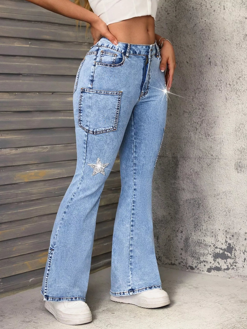 Slit Star Flare Leg Jeans - Godess beauty  #