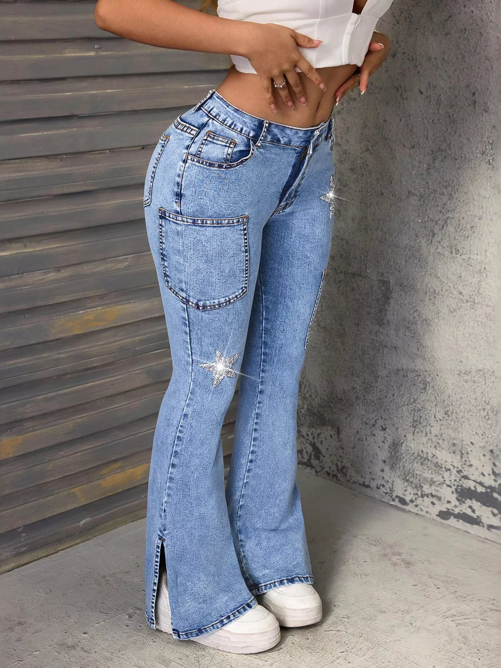 Slit Star Flare Leg Jeans - Godess beauty  #