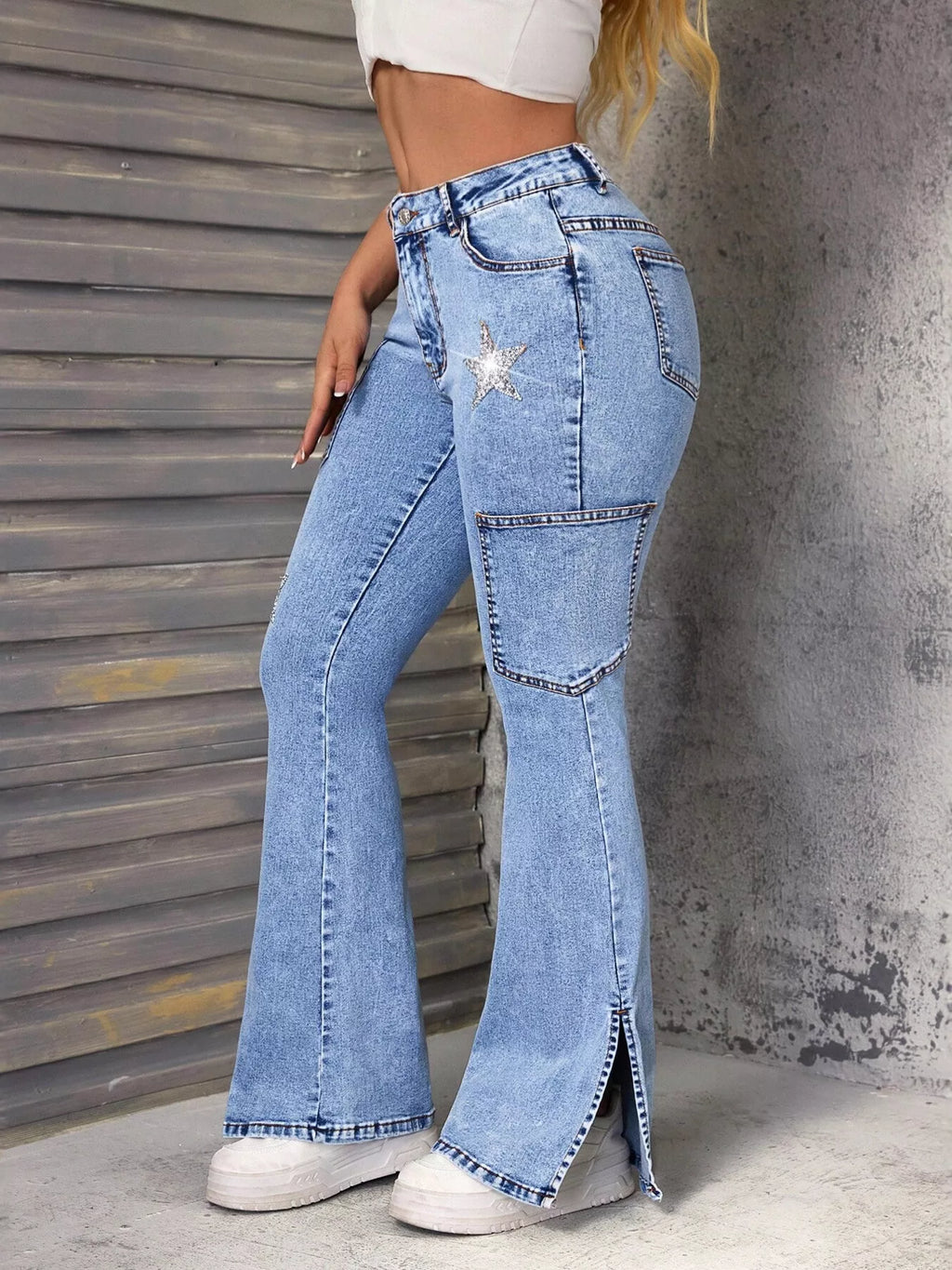 Slit Star Flare Leg Jeans - Godess beauty  #