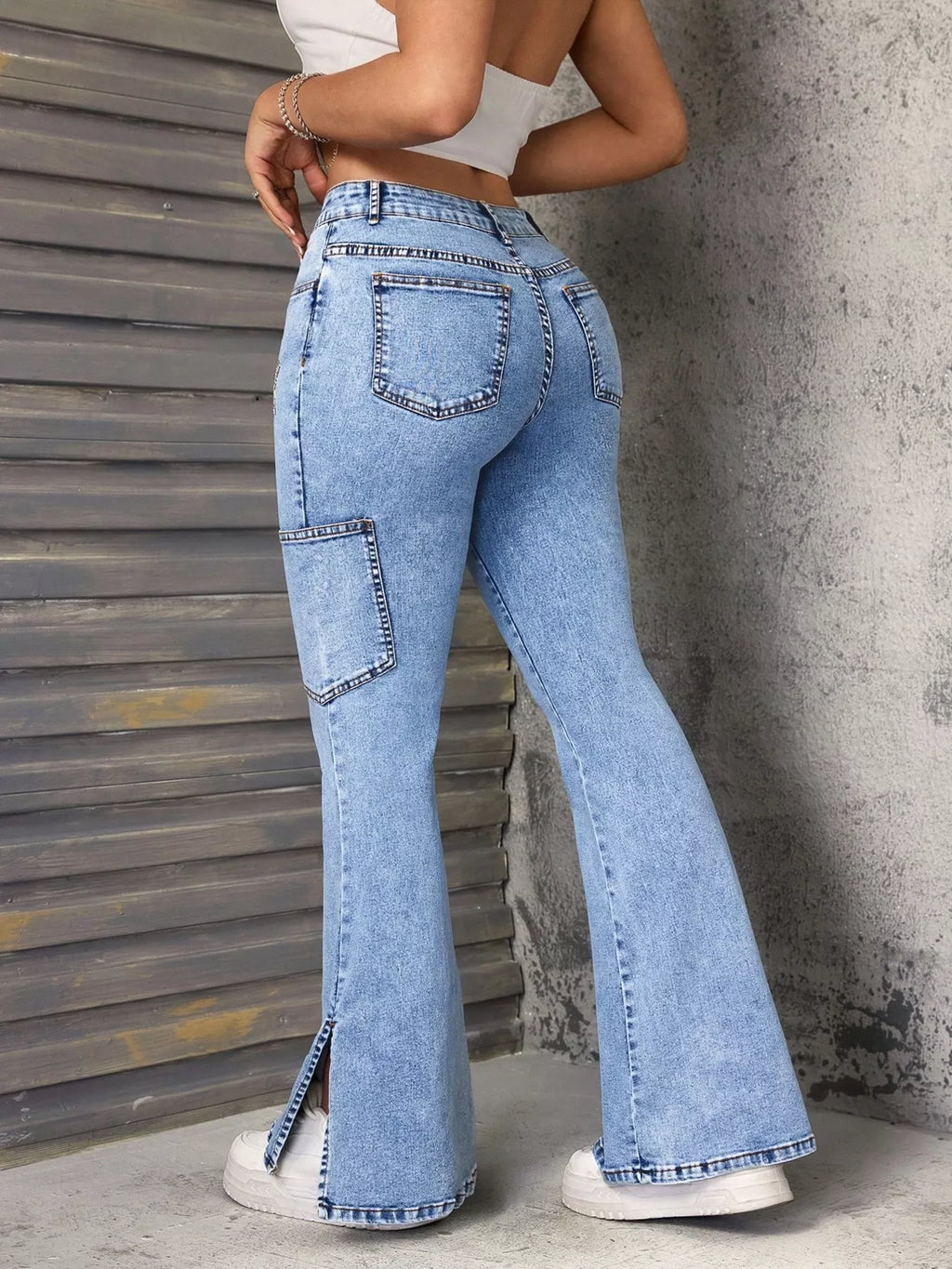 Slit Star Flare Leg Jeans - Godess beauty  #