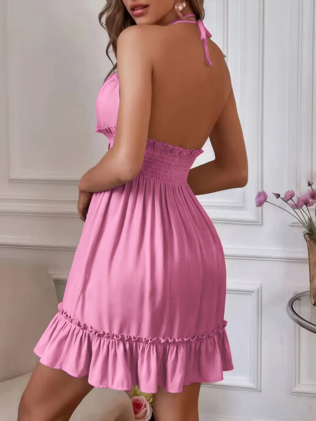 Smocked Halter Neck Mini Dress - Godess beauty  #