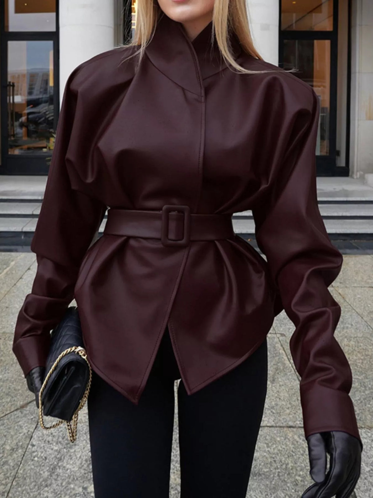 Stand Collar Belted Faux Leather Jacket - Godess Beauty  #