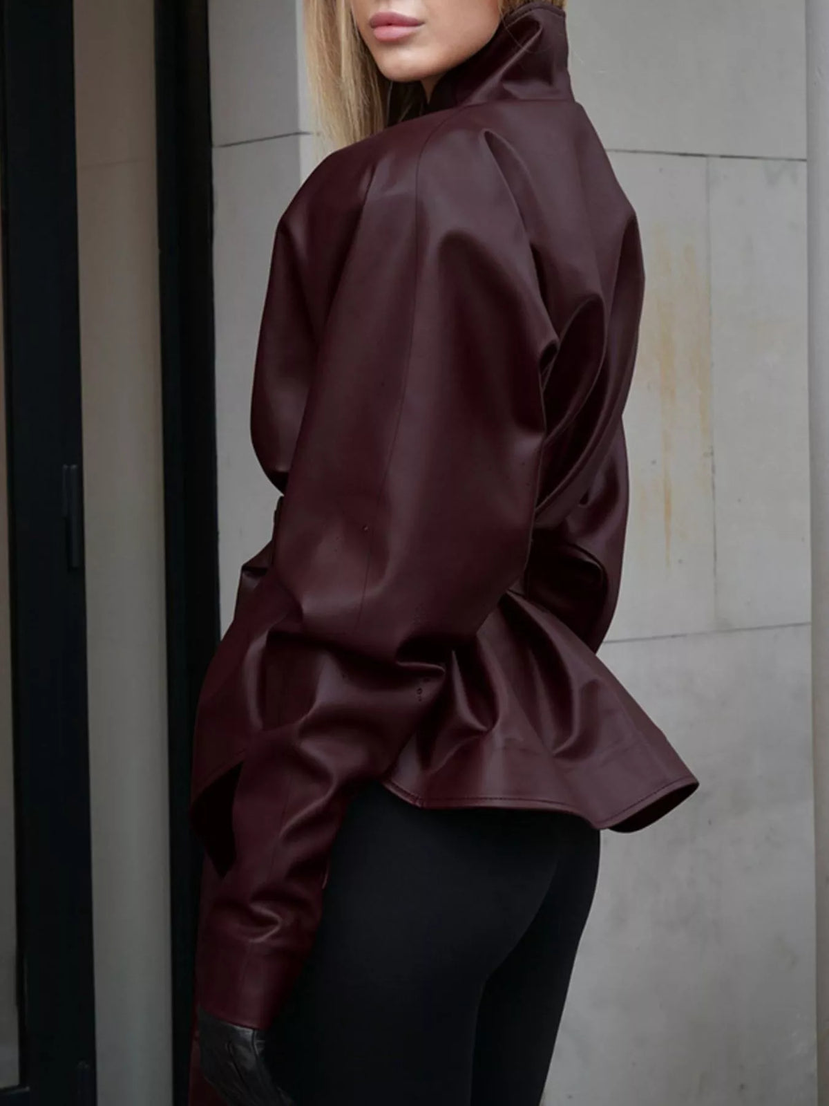 Stand Collar Belted Faux Leather Jacket - Godess Beauty  #