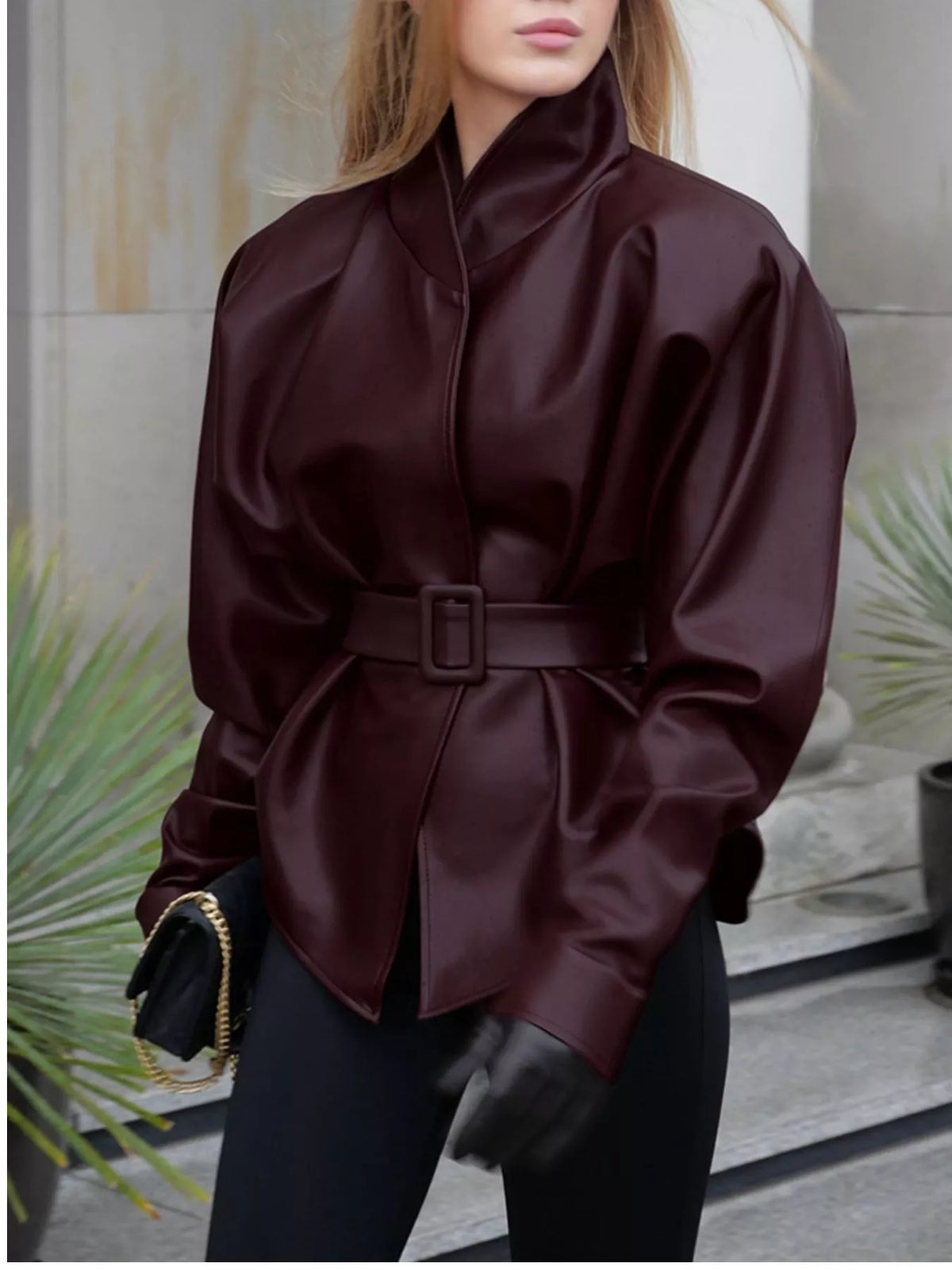 Stand Collar Belted Faux Leather Jacket - Godess Beauty  #
