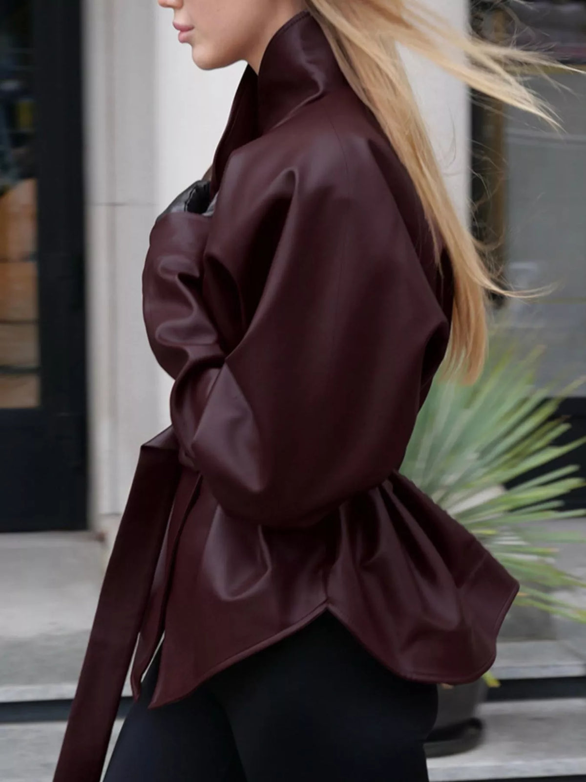 Stand Collar Belted Faux Leather Jacket - Godess Beauty  #