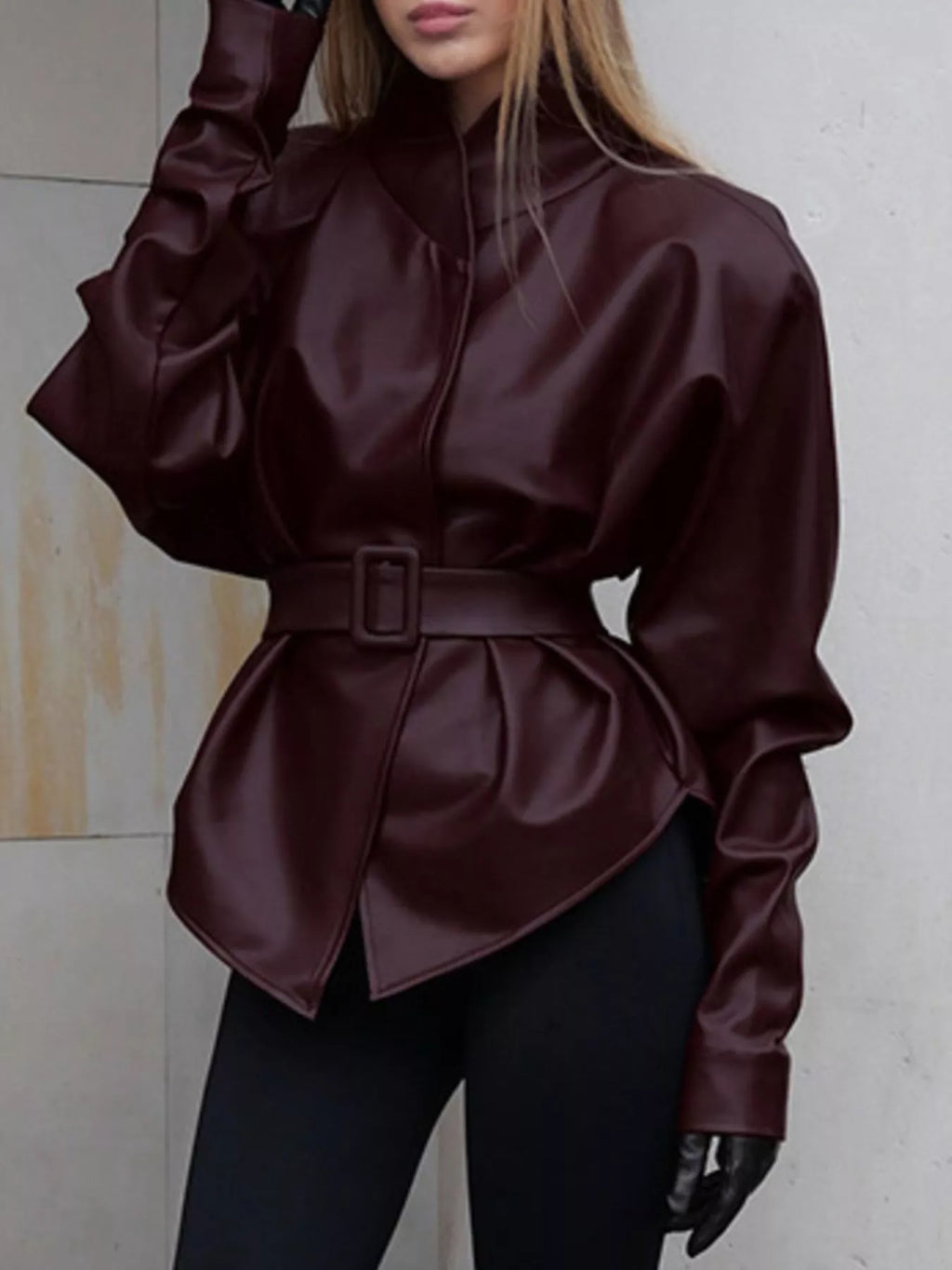 Stand Collar Belted Faux Leather Jacket - Godess Beauty  #
