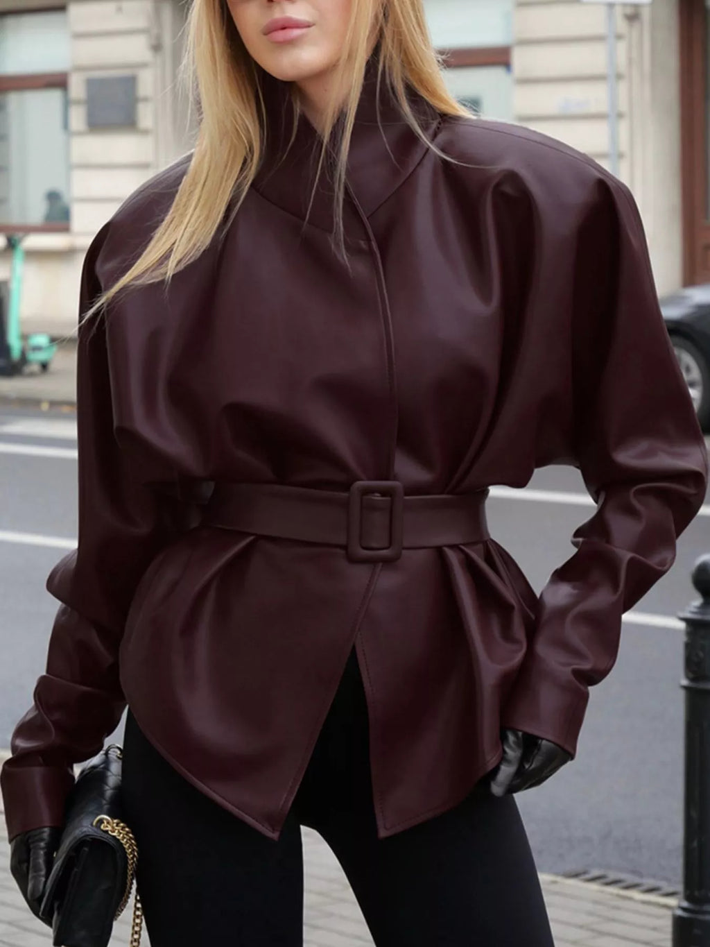 Stand Collar Belted Faux Leather Jacket - Godess Beauty  #