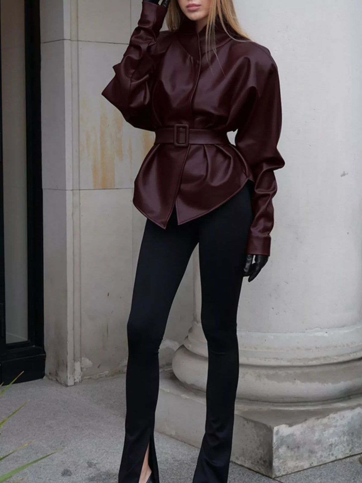 Stand Collar Belted Faux Leather Jacket - Godess Beauty  #