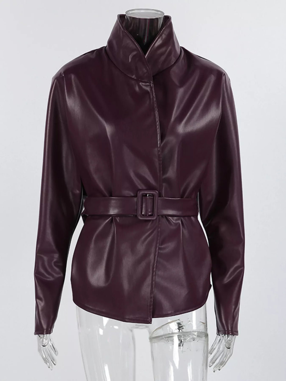 Stand Collar Belted Faux Leather Jacket - Godess Beauty  #