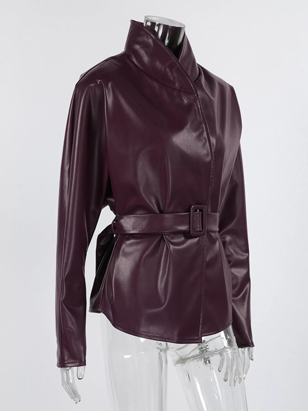 Stand Collar Belted Faux Leather Jacket - Godess Beauty  #