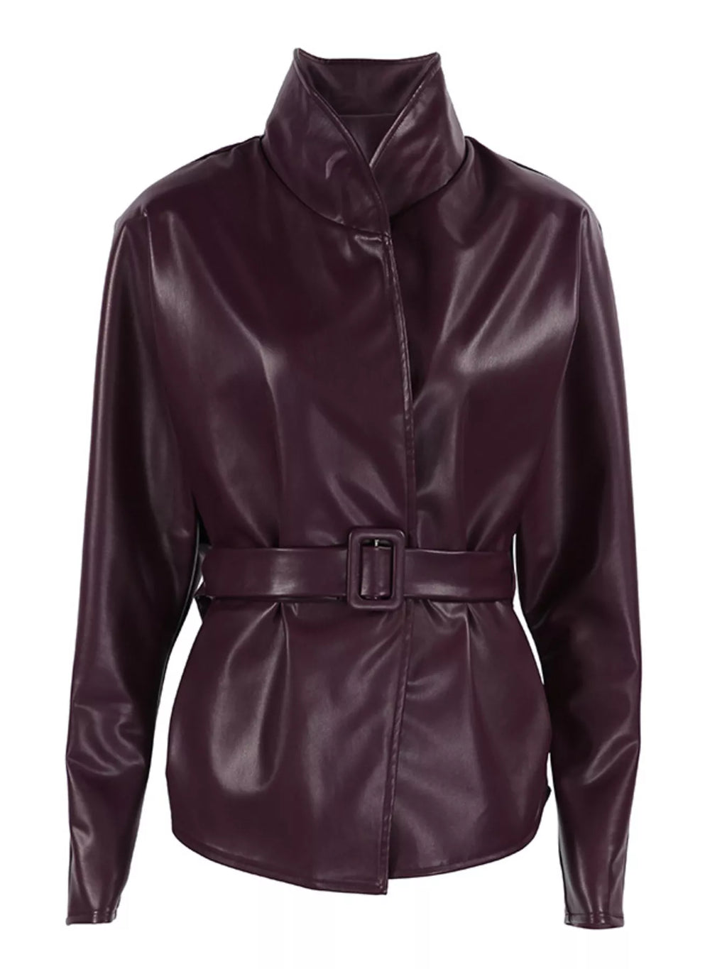 Stand Collar Belted Faux Leather Jacket - Godess Beauty  #