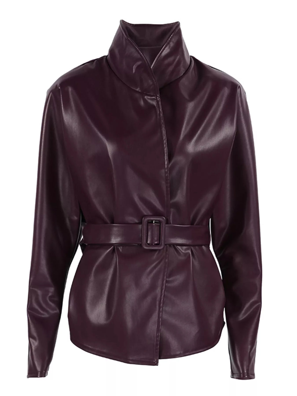 Stand Collar Belted Faux Leather Jacket - Godess Beauty  #