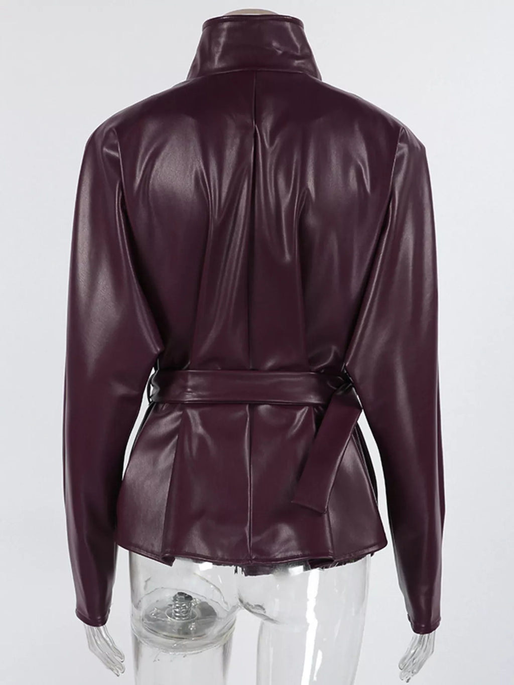 Stand Collar Belted Faux Leather Jacket - Godess Beauty  #