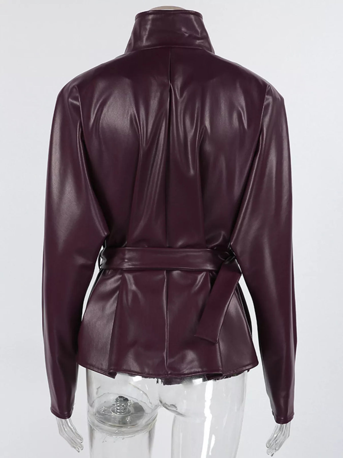 Stand Collar Belted Faux Leather Jacket - Godess Beauty  #
