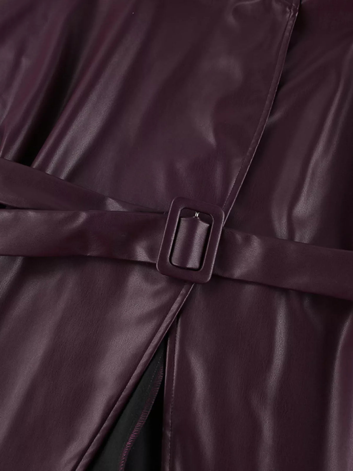 Stand Collar Belted Faux Leather Jacket - Godess Beauty  #