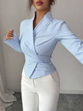 Striped Long Sleeve Wrap Blouse - Godess beauty  #