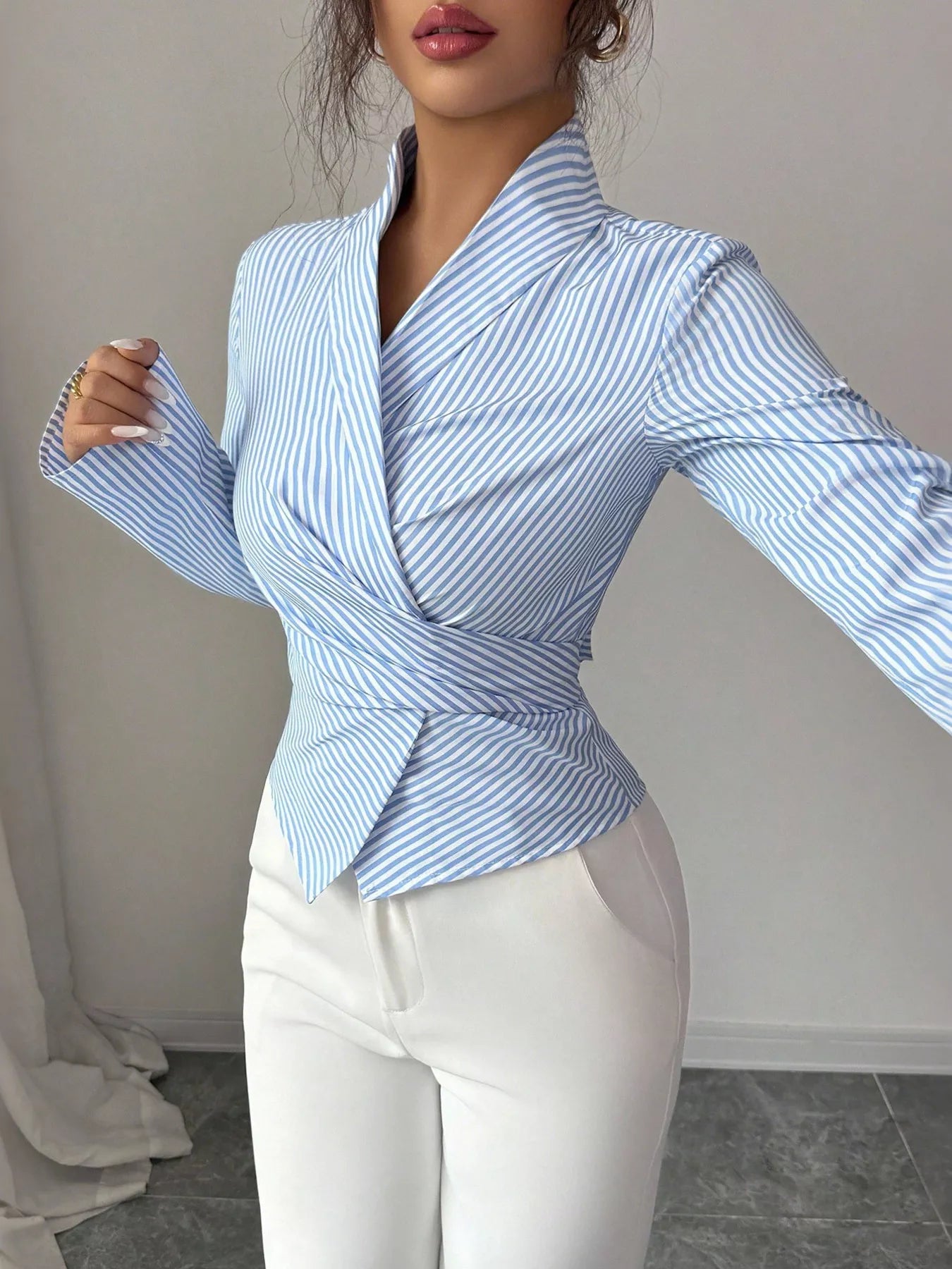 Striped Long Sleeve Wrap Blouse - Godess beauty  #