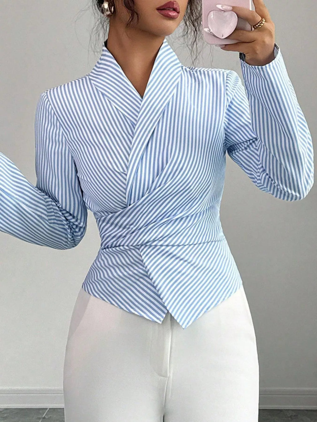 Striped Long Sleeve Wrap Blouse - Godess beauty  #