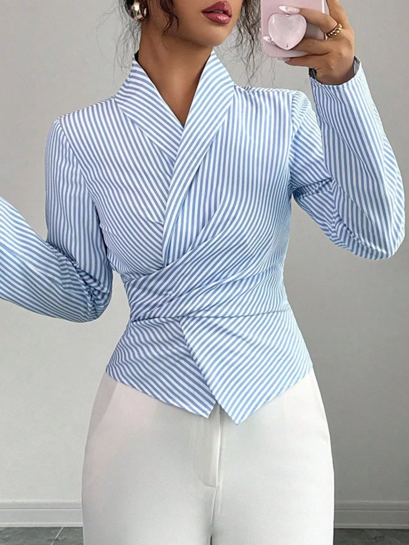 Striped Long Sleeve Wrap Blouse - Godess beauty  #