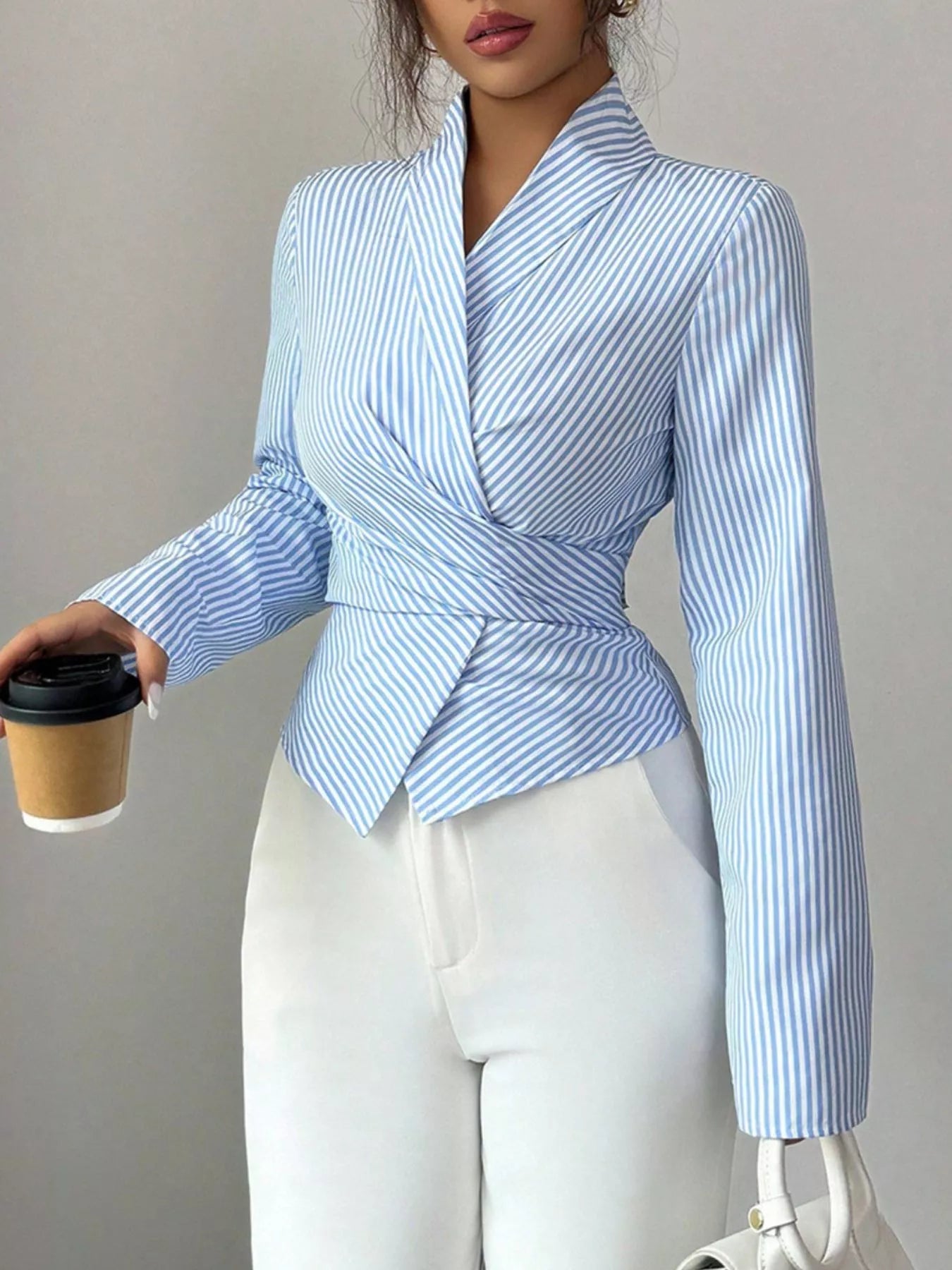 Striped Long Sleeve Wrap Blouse - Godess beauty  #