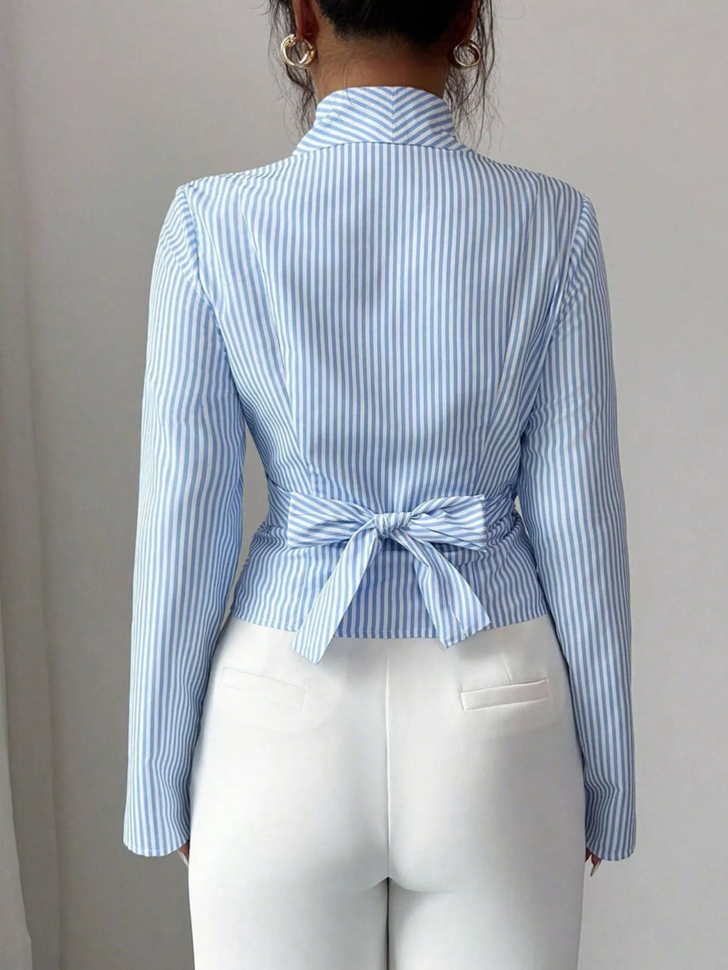 Striped Long Sleeve Wrap Blouse - Godess beauty  #