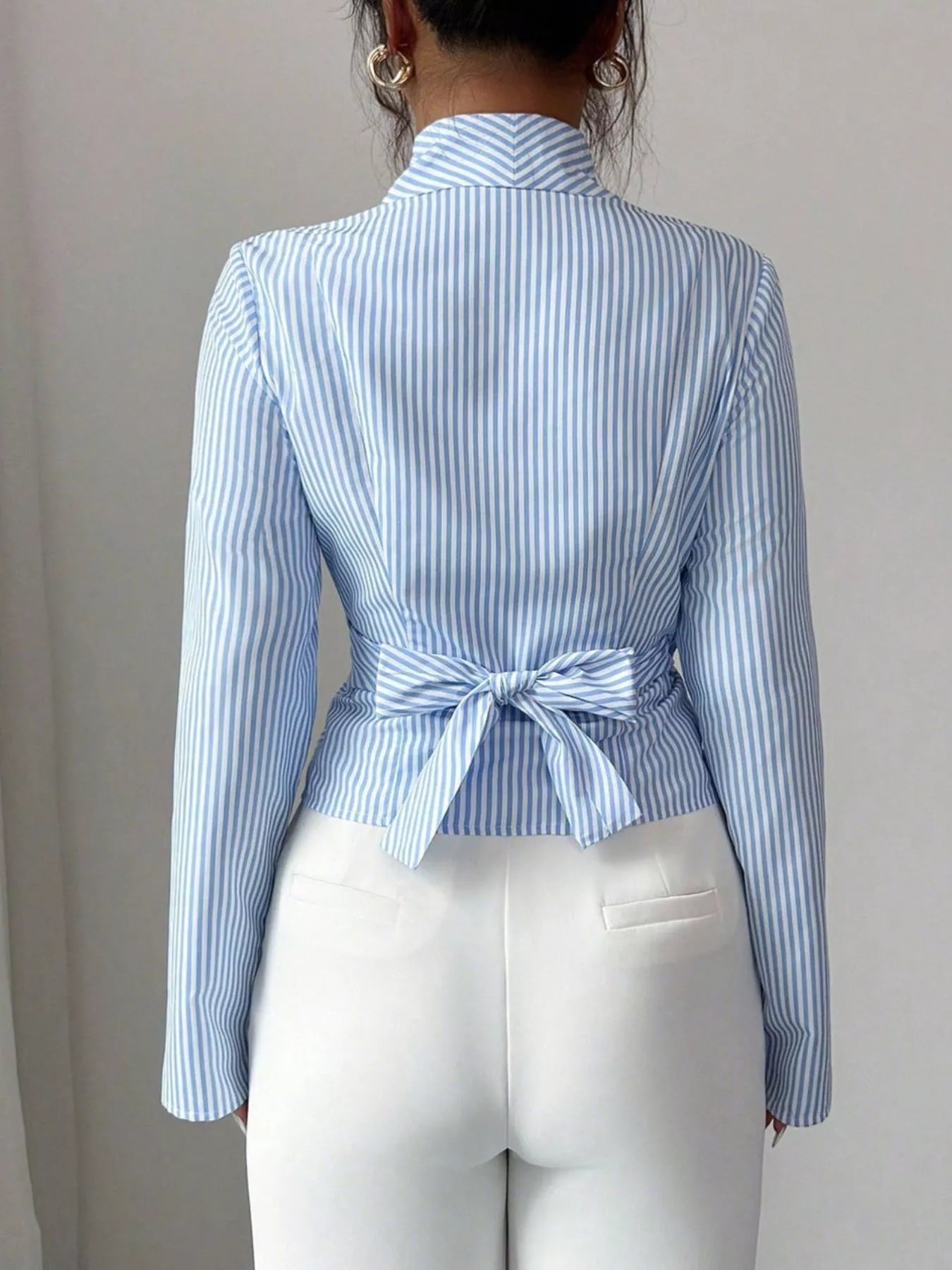 Striped Long Sleeve Wrap Blouse - Godess beauty  #