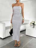 Striped Tube Top and Slit Skirt Set - Godess beauty  #