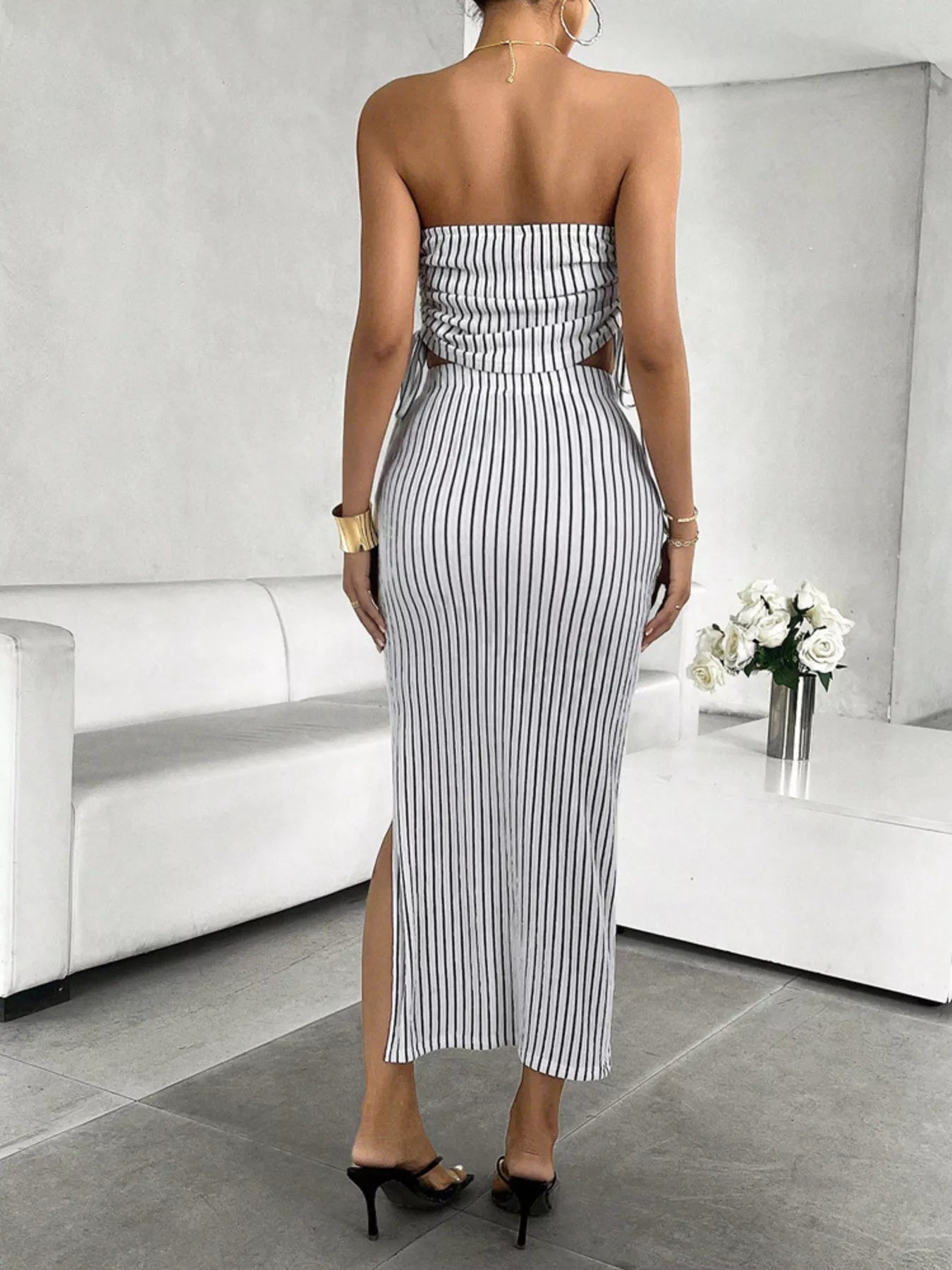 Striped Tube Top and Slit Skirt Set - Godess beauty  #