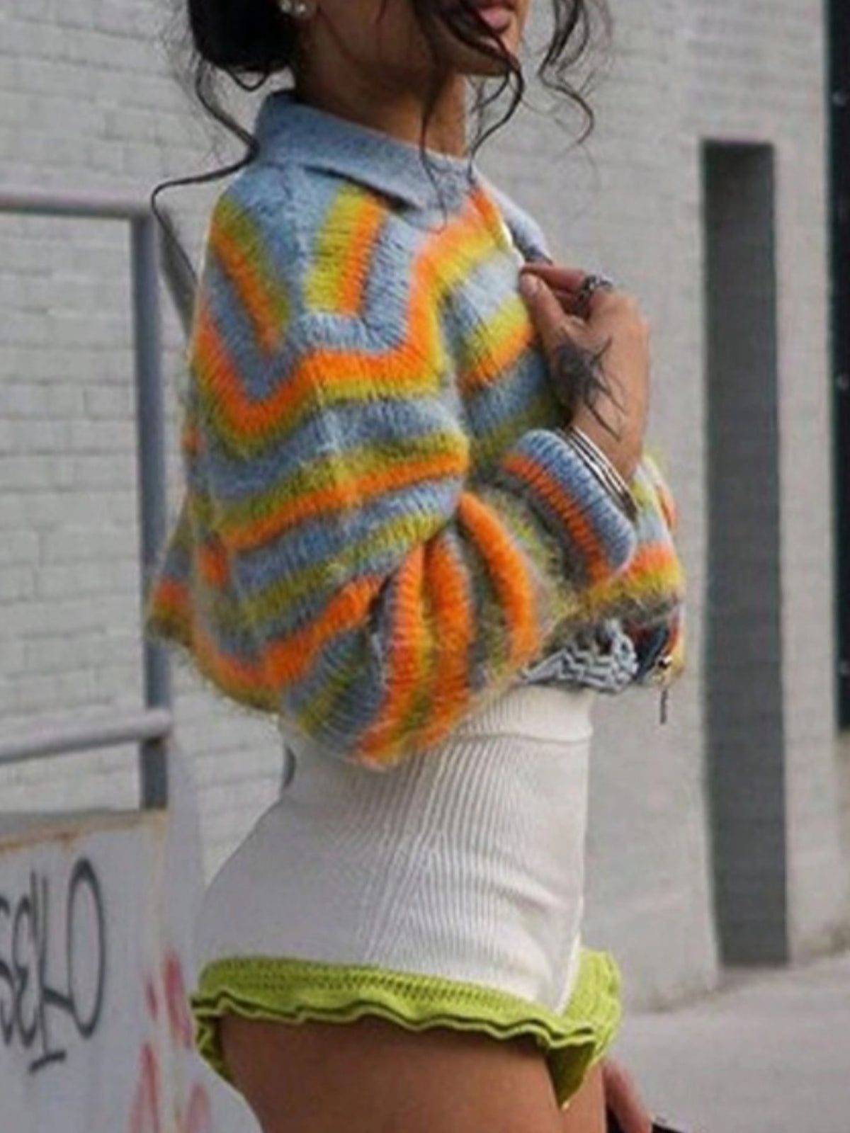 Striped Zip Up Cropped Cardigan - Godess Beauty  #